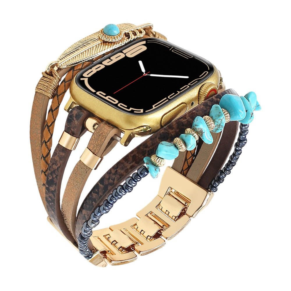 Bracelet de montre connectée multi - rangs, Apple Watch, pierres naturelles et plume, pour femme, modèle Lyxia - La Boutique du Bracelet