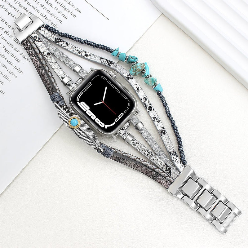 Bracelet de montre connectée multi - rangs, Apple Watch, pierres naturelles et plume, pour femme, modèle Lyxia - La Boutique du Bracelet