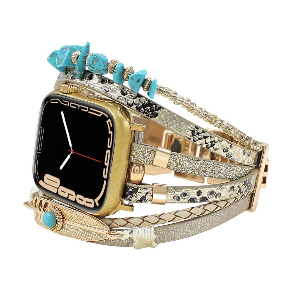 Bracelet de montre connectée multi - rangs, Apple Watch, pierres naturelles et plume, pour femme, modèle Lyxia - La Boutique du Bracelet