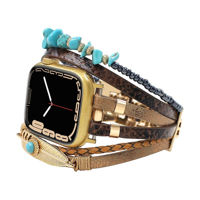 Bracelet de montre connectée multi - rangs, Apple Watch, pierres naturelles et plume, pour femme, modèle Lyxia - La Boutique du Bracelet