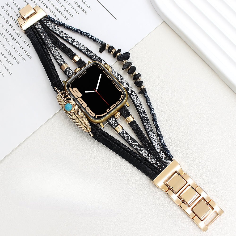 Bracelet de montre connectée multi - rangs, Apple Watch, pierres naturelles et plume, pour femme, modèle Lyxia - La Boutique du Bracelet