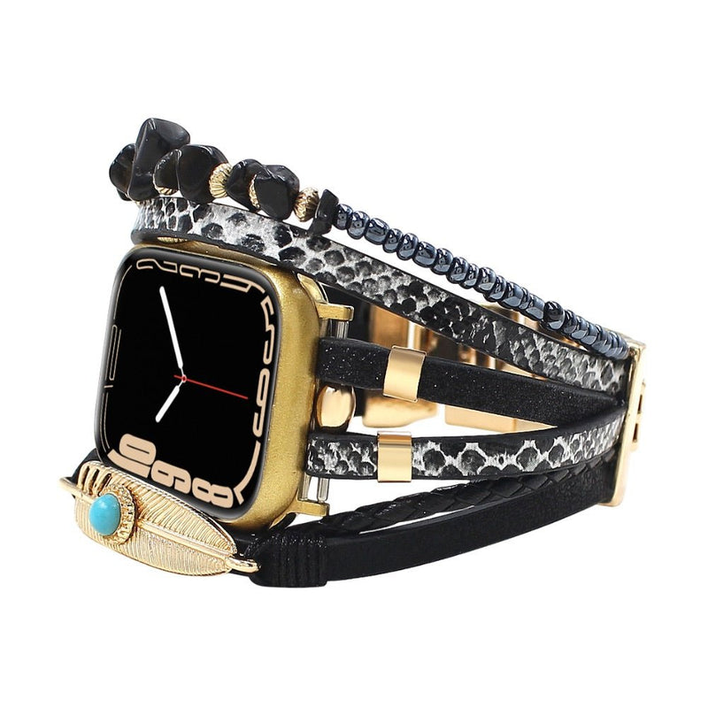 Bracelet de montre connectée multi - rangs, Apple Watch, pierres naturelles et plume, pour femme, modèle Lyxia - La Boutique du Bracelet