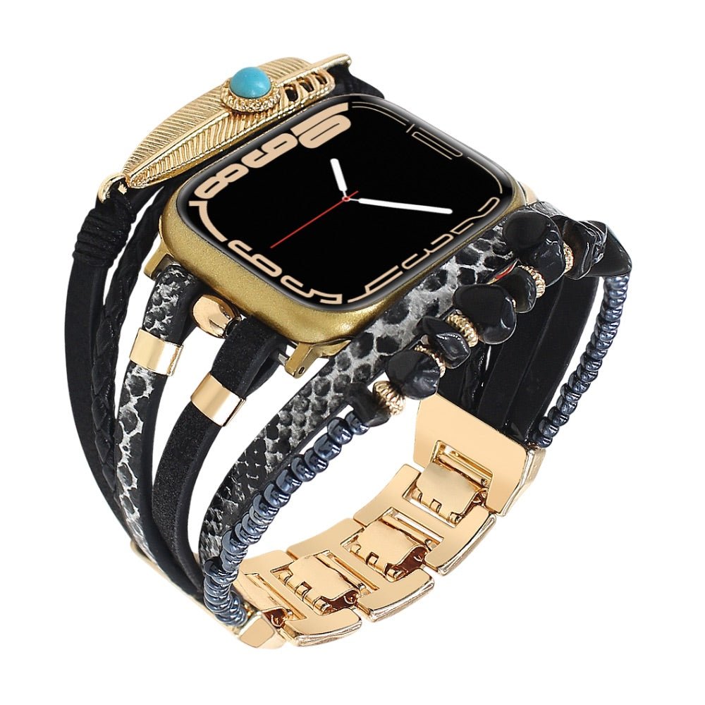 Bracelet de montre connectée multi - rangs, Apple Watch, pierres naturelles et plume, pour femme, modèle Lyxia - La Boutique du Bracelet