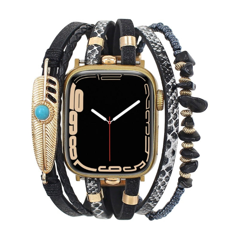 Bracelet de montre connectée multi - rangs, Apple Watch, pierres naturelles et plume, pour femme, modèle Lyxia - La Boutique du Bracelet