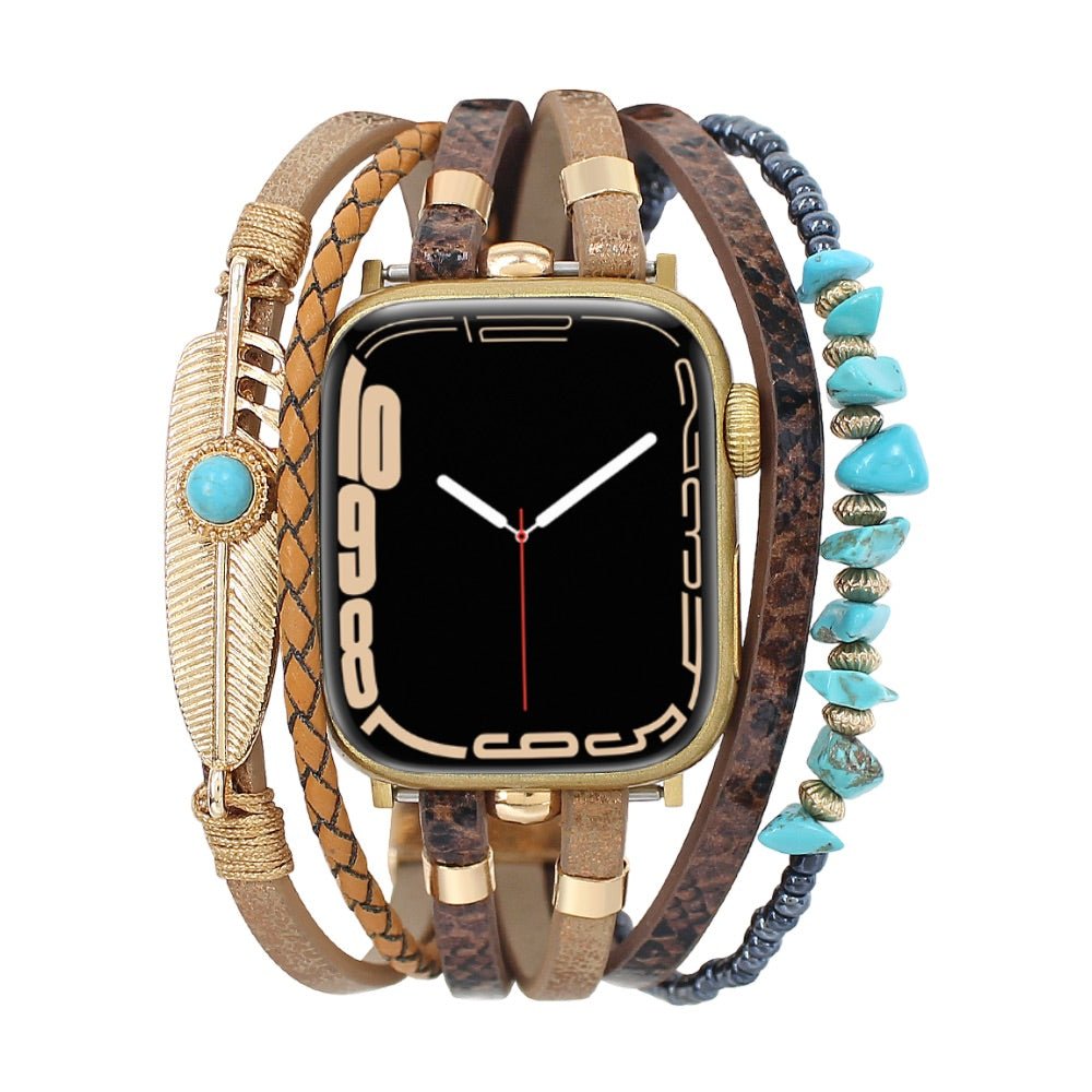 Bracelet de montre connectée multi - rangs, Apple Watch, pierres naturelles et plume, pour femme, modèle Lyxia - La Boutique du Bracelet