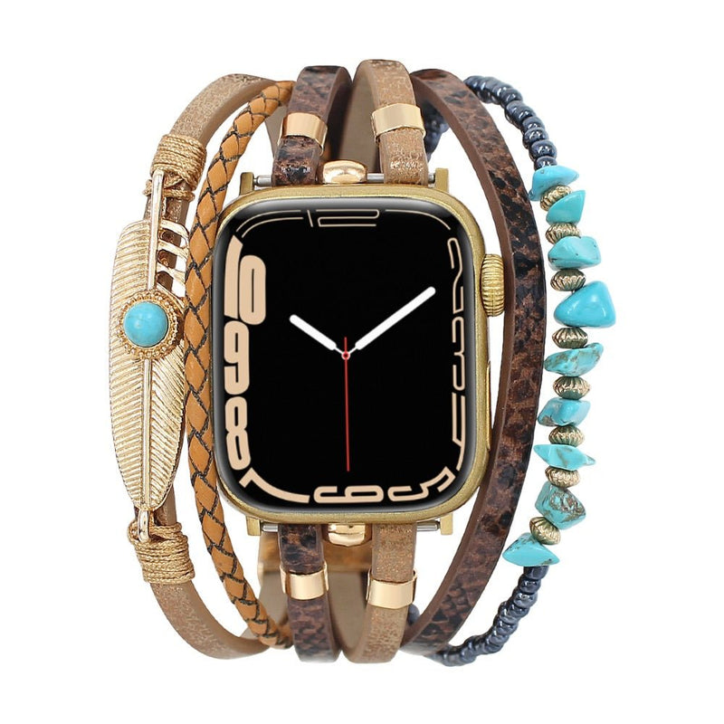 Bracelet de montre connectée multi - rangs, Apple Watch, pierres naturelles et plume, pour femme, modèle Lyxia - La Boutique du Bracelet