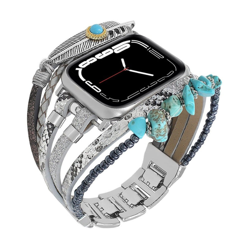 Bracelet de montre connectée multi - rangs, Apple Watch, pierres naturelles et plume, pour femme, modèle Lyxia - La Boutique du Bracelet
