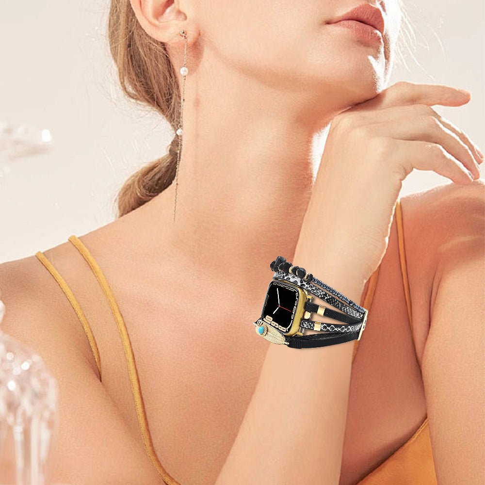 Bracelet de montre connectée multi - rangs, Apple Watch, pierres naturelles et plume, pour femme, modèle Lyxia - La Boutique du Bracelet