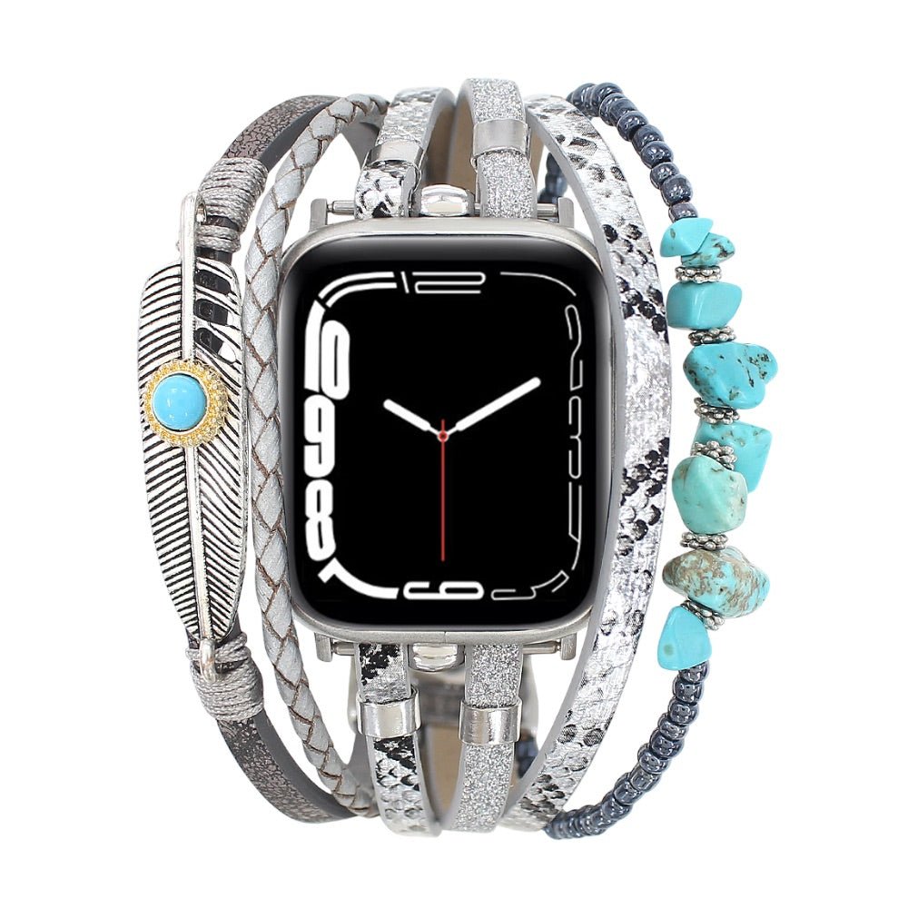 Bracelet de montre connectée multi - rangs, Apple Watch, pierres naturelles et plume, pour femme, modèle Lyxia - La Boutique du Bracelet