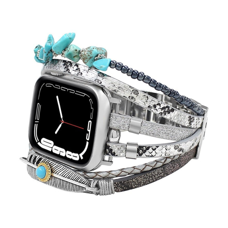 Bracelet de montre connectée multi - rangs, Apple Watch, pierres naturelles et plume, pour femme, modèle Lyxia - La Boutique du Bracelet