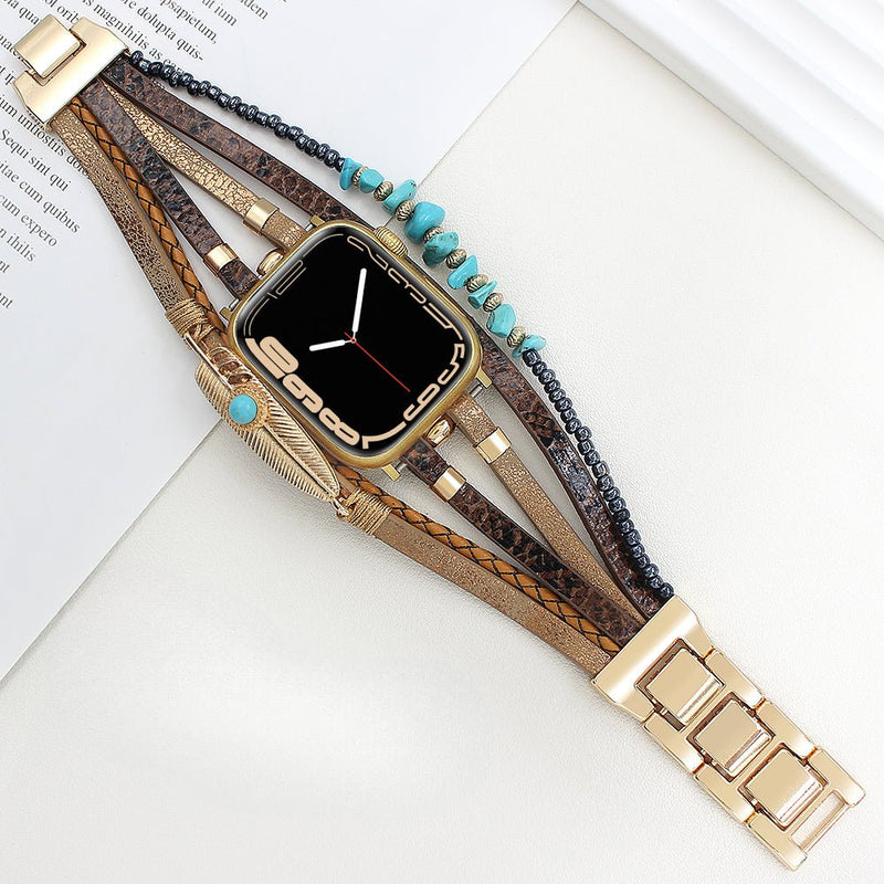Bracelet de montre connectée multi - rangs, Apple Watch, pierres naturelles et plume, pour femme, modèle Lyxia - La Boutique du Bracelet