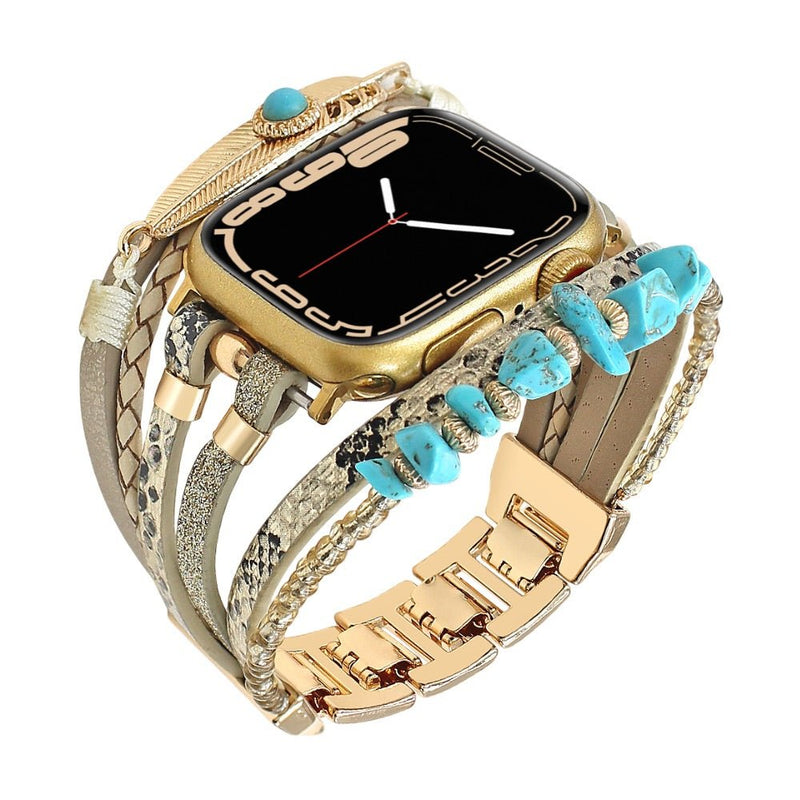 Bracelet de montre connectée multi - rangs, Apple Watch, pierres naturelles et plume, pour femme, modèle Lyxia - La Boutique du Bracelet