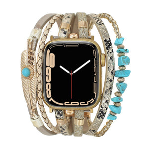 Bracelet de montre connectée multi - rangs, Apple Watch, pierres naturelles et plume, pour femme, modèle Lyxia - La Boutique du Bracelet