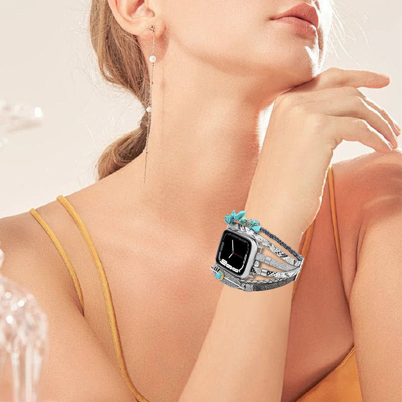 Bracelet de montre connectée multi - rangs, Apple Watch, pierres naturelles et plume, pour femme, modèle Lyxia - La Boutique du Bracelet