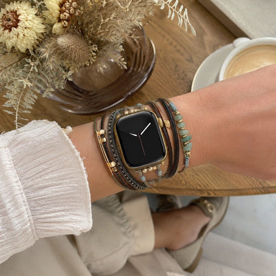 Bracelet de montre femme à cordons multiples, détails dorés et pierres vertes, accessoire de poignet élégant, Jaonie