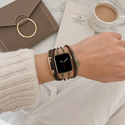 Bracelet de montre femme à cordons multiples, détails dorés et pierres vertes, accessoire de poignet élégant, Jaonie
