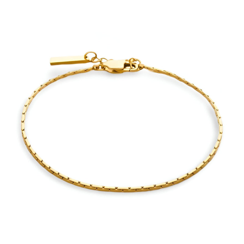 Bracelet fin en acier inoxydable doré, design épuré avec maillons discrets et fermoir mousqueton.