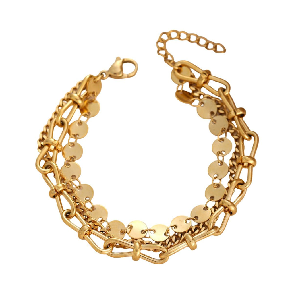 Bracelet doré en acier inoxydable avec multiples mailles et disques ronds brillants, fermoir mousqueton.