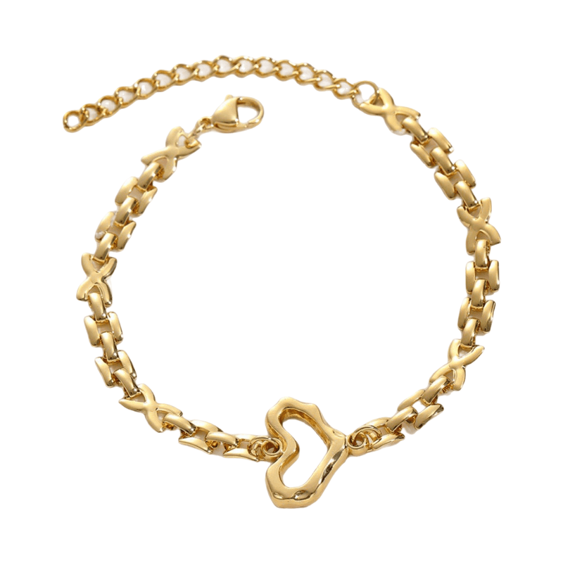 Bracelet doré en acier inoxydable avec maille moderne difforme et pendentif cœur creux.