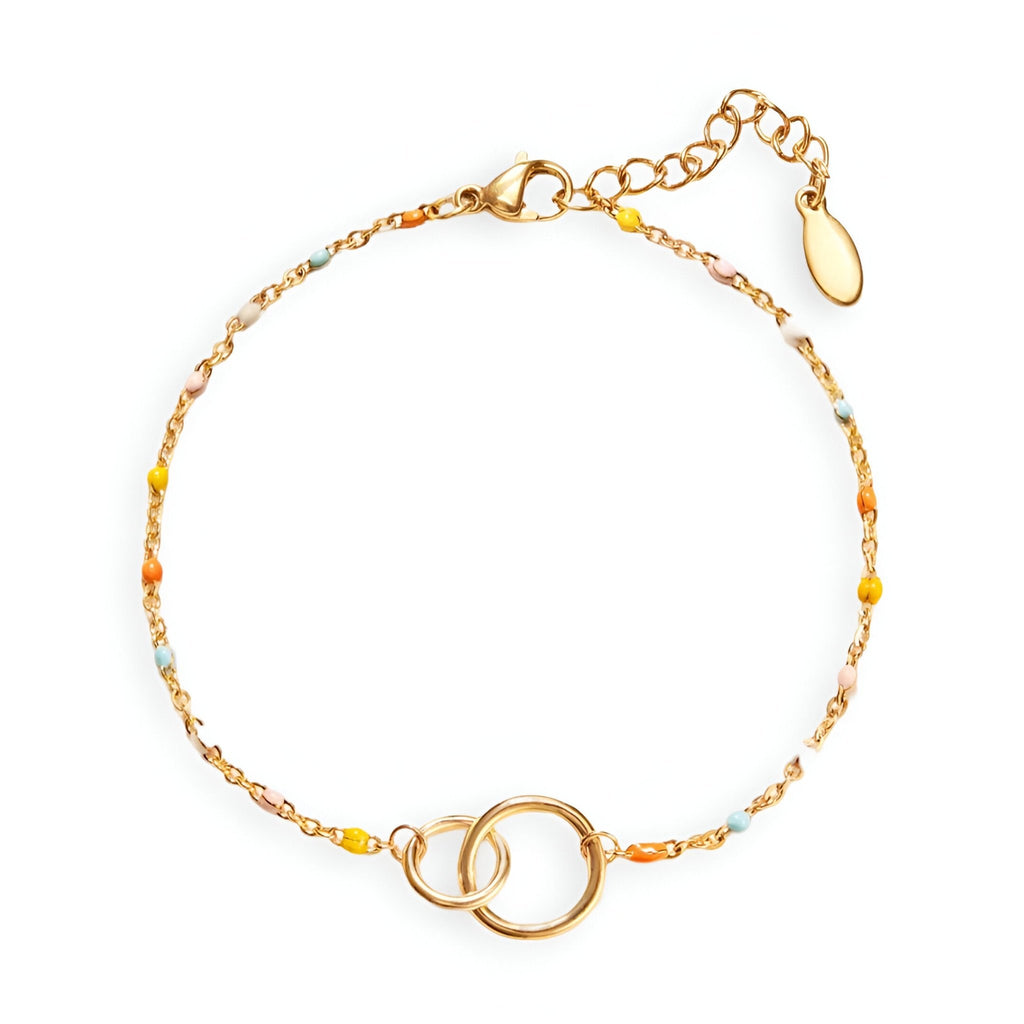 Bracelet femme double anneaux en argent sterling avec chaîne fine ornée de perles colorées.