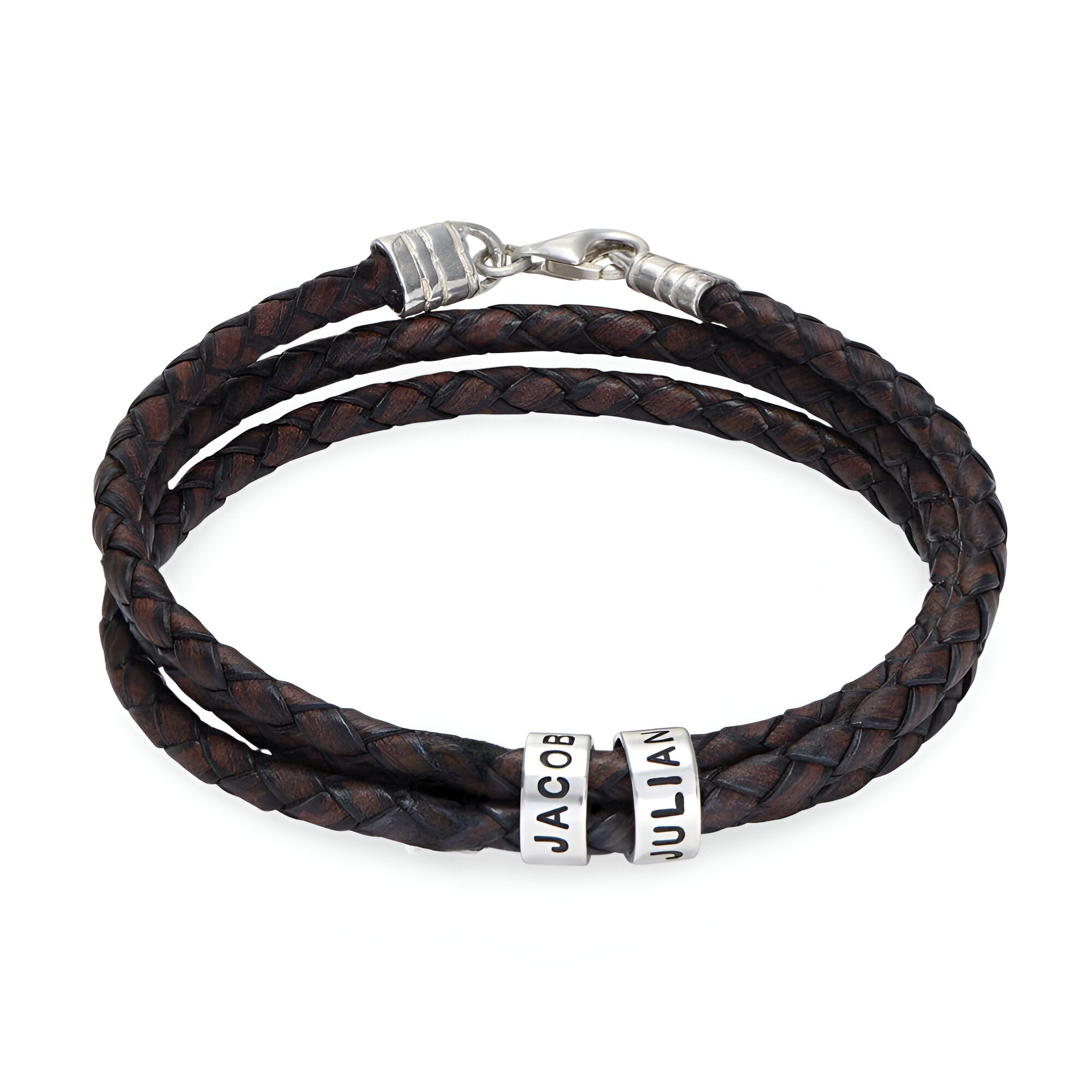 Bracelet double cordon en cuir personnalisé, deux plaques arrondies, modèle Mauricio - La Boutique du Bracelet