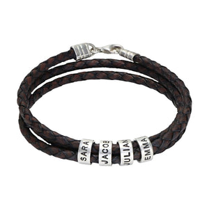 Bracelet double cordon en cuir personnalisé, quatres plaques arrondies, modèle Mauricio