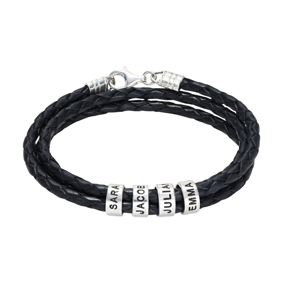 Bracelet double cordon en cuir personnalisé, quatres plaques arrondies, modèle Mauricio