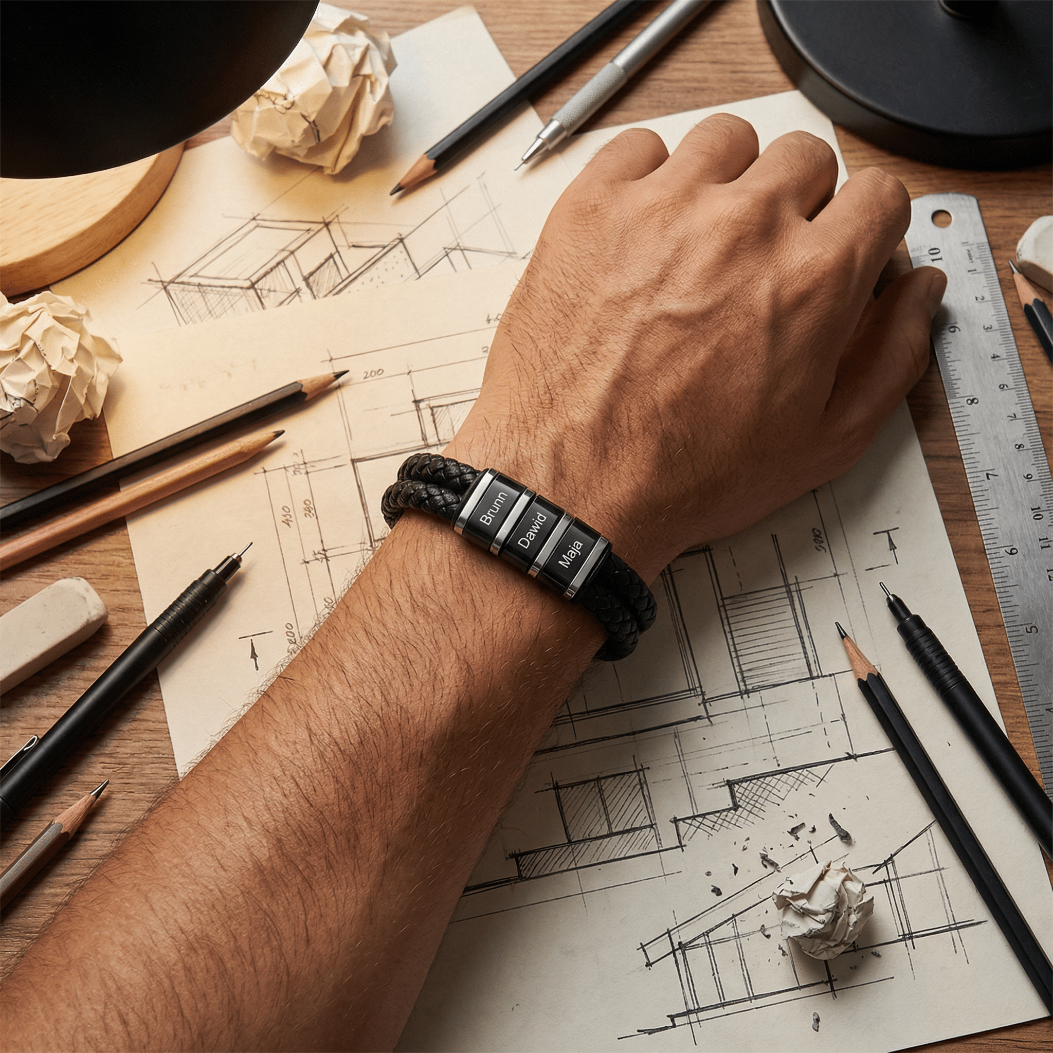 Pulseira de duplo cordão em couro personalizada, três placas, modelo Majo