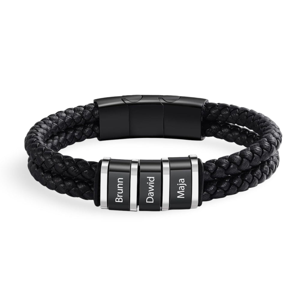 Bracelet homme noir double cordon cuir tressé avec triple plaque gravée personnalisable.