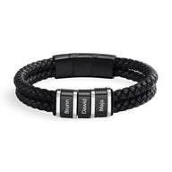 Bracelet homme noir double cordon cuir tressé avec triple plaque gravée personnalisable.