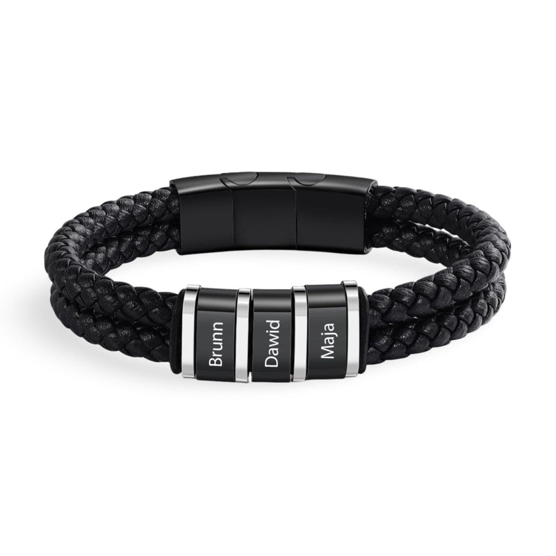 Bracelet homme noir double cordon cuir tressé avec triple plaque gravée personnalisable.