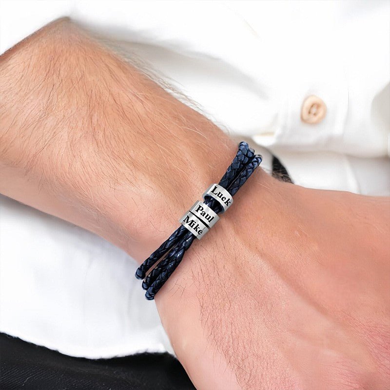 Personalisierbares Doppelarmband mit geflochtenem Band, gravierbare Perlen aus Edelstahl, Modell Mauricio