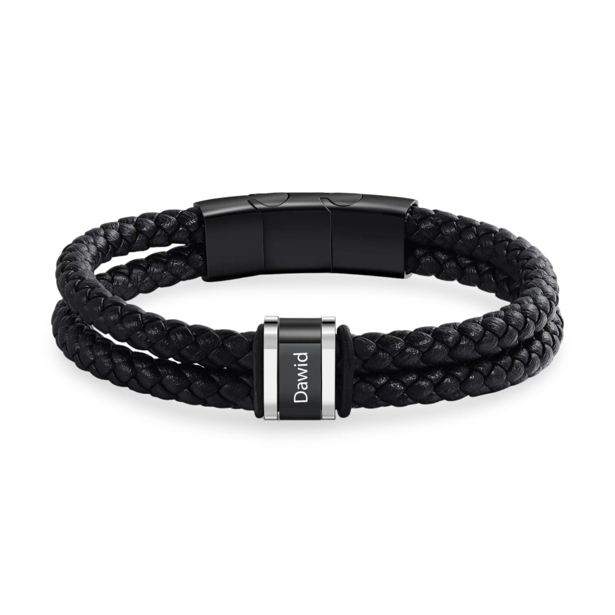 Bracelet homme double cordon cuir tressé noir avec plaque personnalisée gravée "David" et fermoir magnétique noir mat.