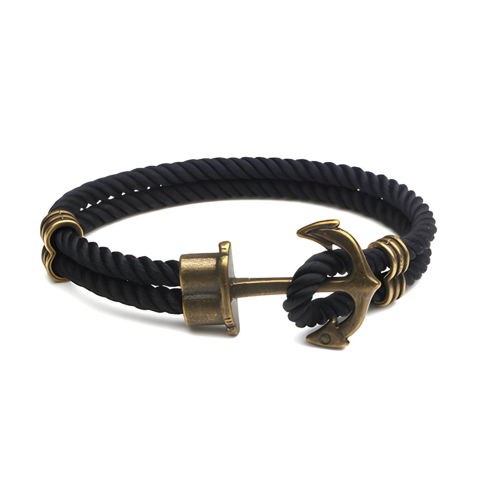 Bracelet double cordon noir avec motif ancre antique en métal bronze et fermeture vissée.