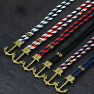 Bracelets double cordon avec motif ancre antique en métal doré, couleurs variées rayées bleu et blanc, rouge et blanc, noir, .