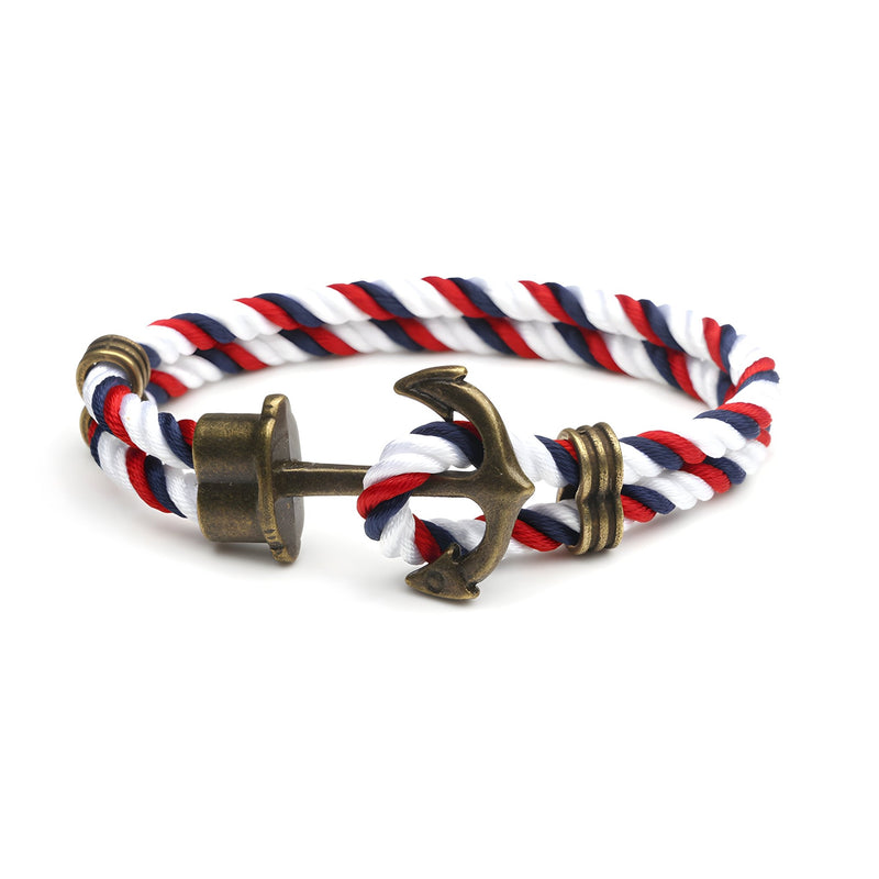 Bracelet double cordon bleu, blanc et rouge avec motif ancre antique en métal bronze.