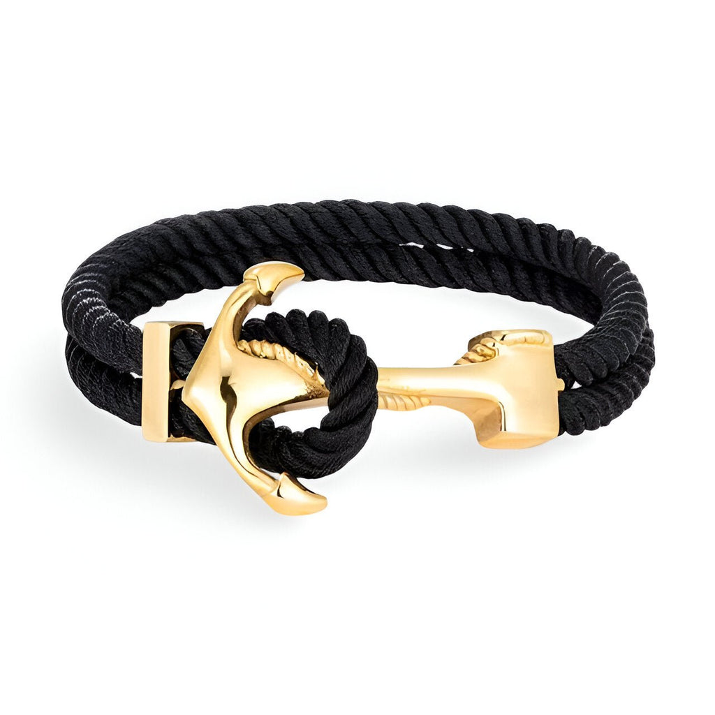 Bracelet double cordon noir avec motif ancre dorée en métal brillant, modèle Umber.