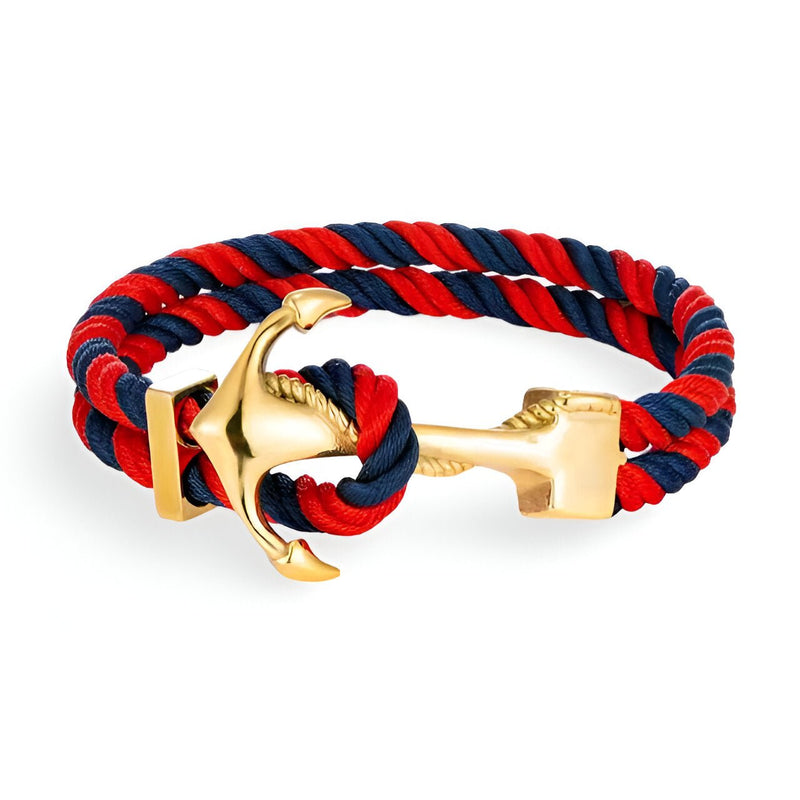 Bracelet double cordon bleu et rouge avec motif ancre dorée en métal brillant.