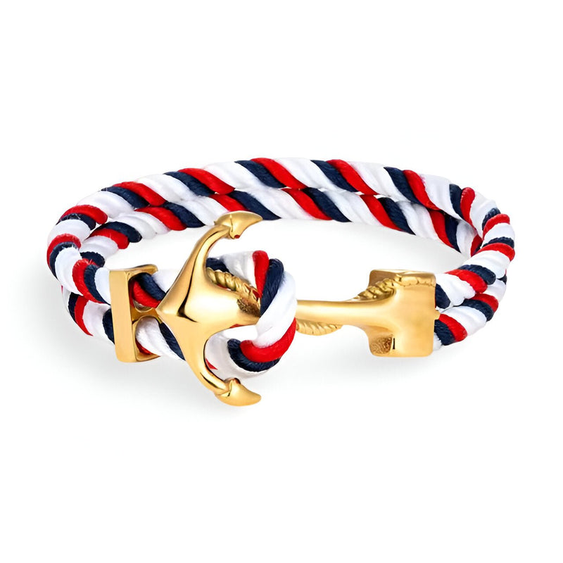 Bracelet double cordon tricolore rouge, blanc et bleu avec motif ancre dorée brillante.