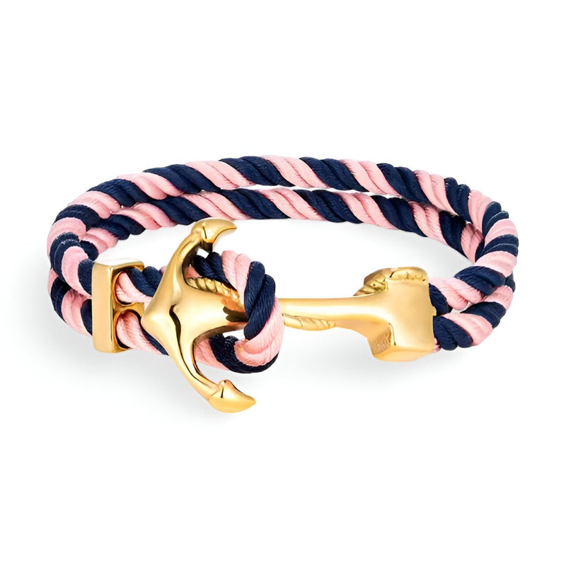 Bracelet double cordon rose et bleu avec motif ancre dorée et fermoir ancre élégant.