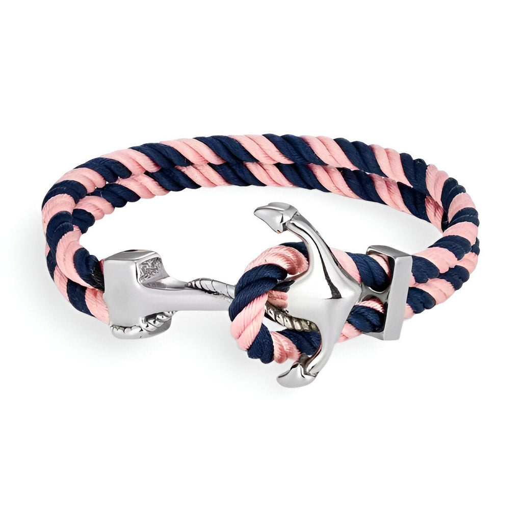 Bracelet double cordon en tissu rose et bleu avec motif ancre métallique argentée.