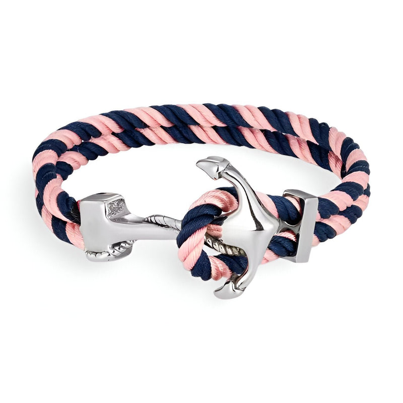 Bracelet double cordon en tissu rose et bleu avec motif ancre métallique argentée.