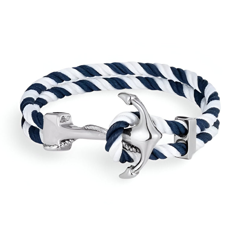 Bracelet double cordon bleu et blanc avec motif ancre argentée moderne.