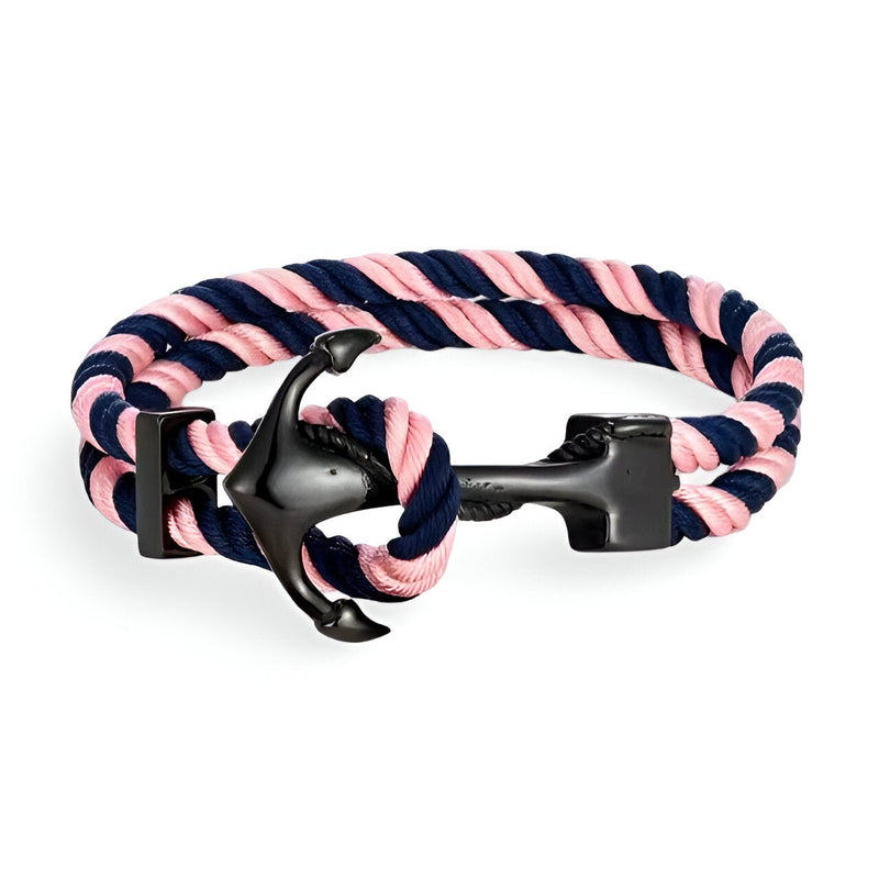 Bracelet double cordon rose et bleu avec motif ancre noire en métal.
