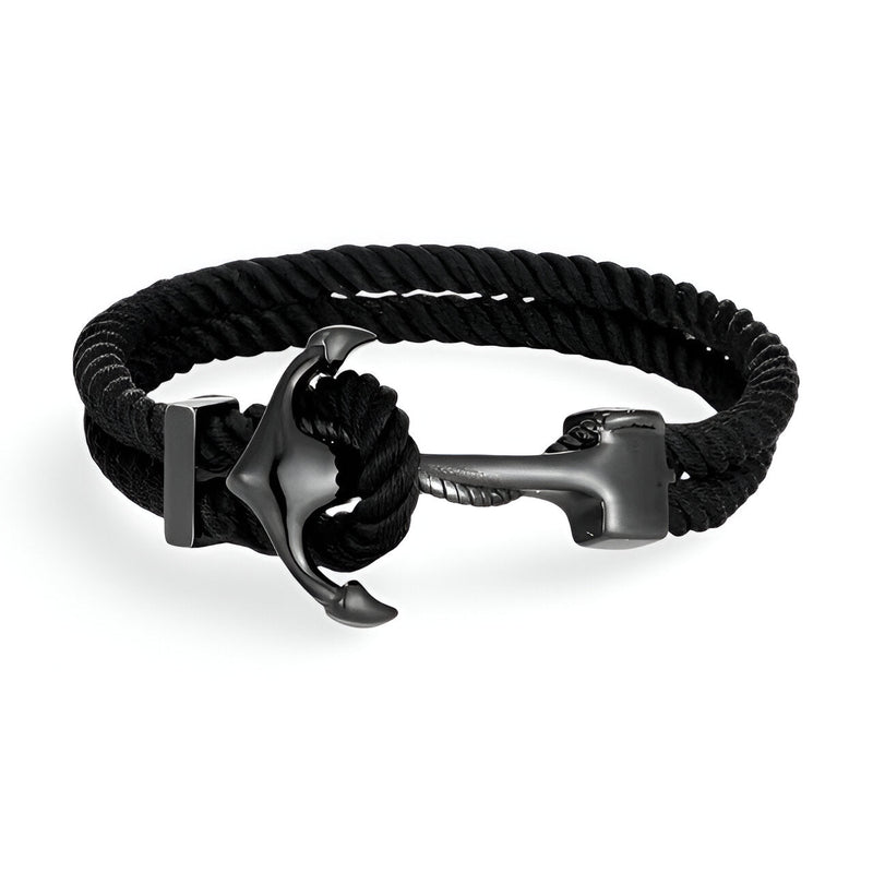 Bracelet double cordon noir avec motif ancre métallique noir style marin.