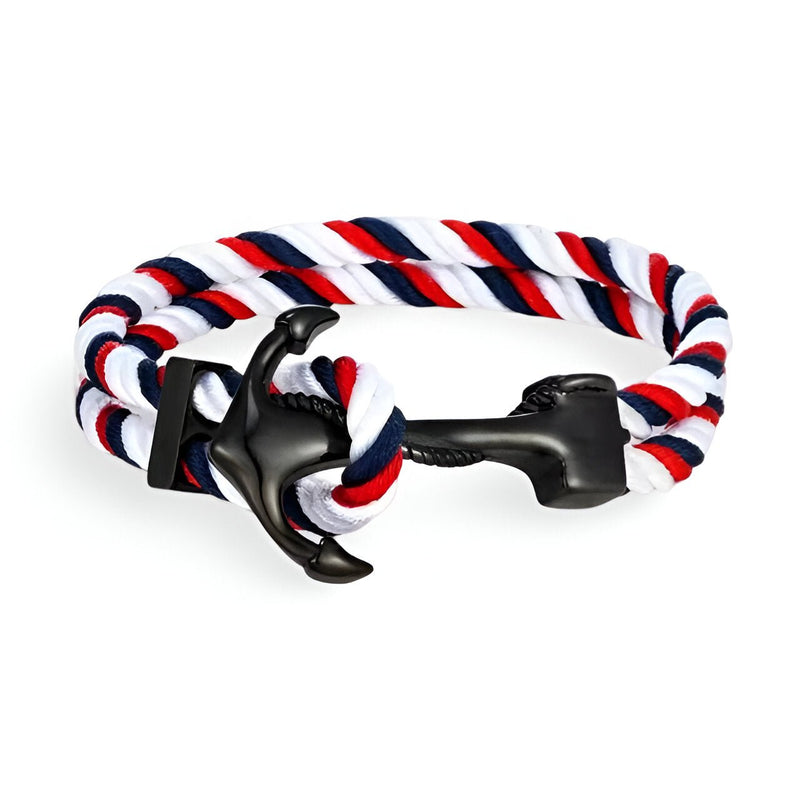Bracelet double cordon bleu, blanc et rouge avec motif ancre noire en métal mat.