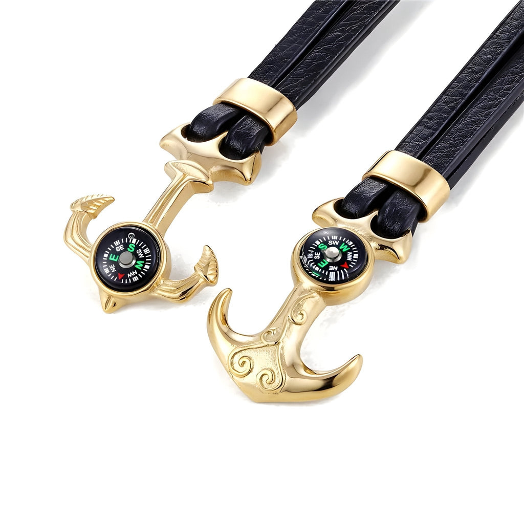 Bracelet homme double cordon noir avec ancre marine dorée et boussole intégrée.