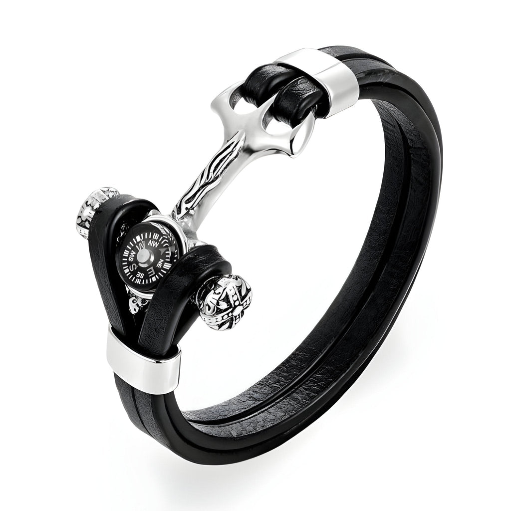 Bracelet homme double cordon cuir noir ancre marine et boussole métal argenté élégant.