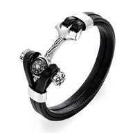 Bracelet homme double cordon cuir noir ancre marine et boussole métal argenté élégant.