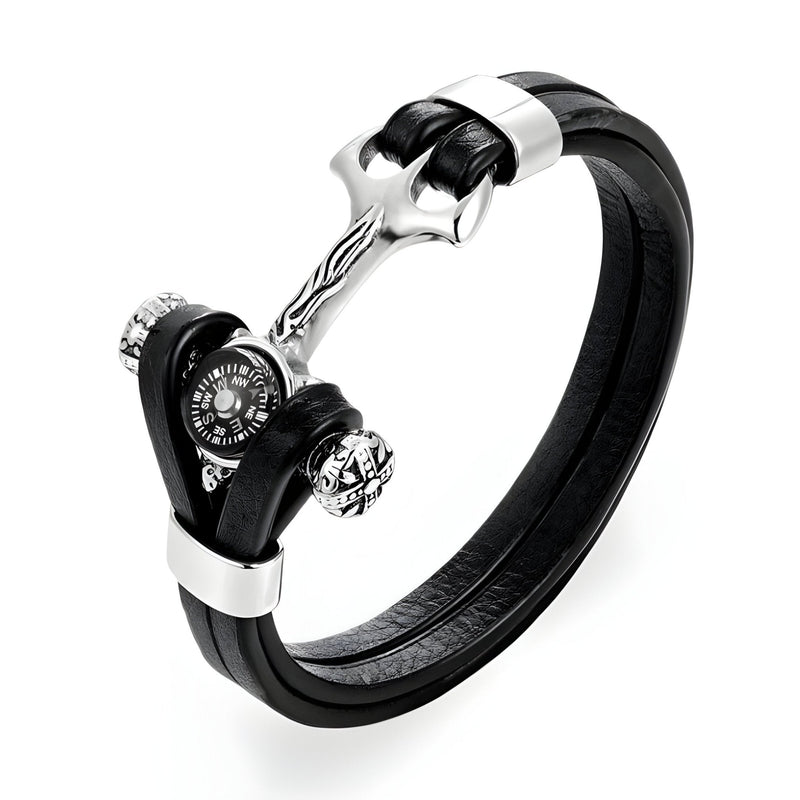 Bracelet homme double cordon cuir noir ancre marine et boussole métal argenté élégant.
